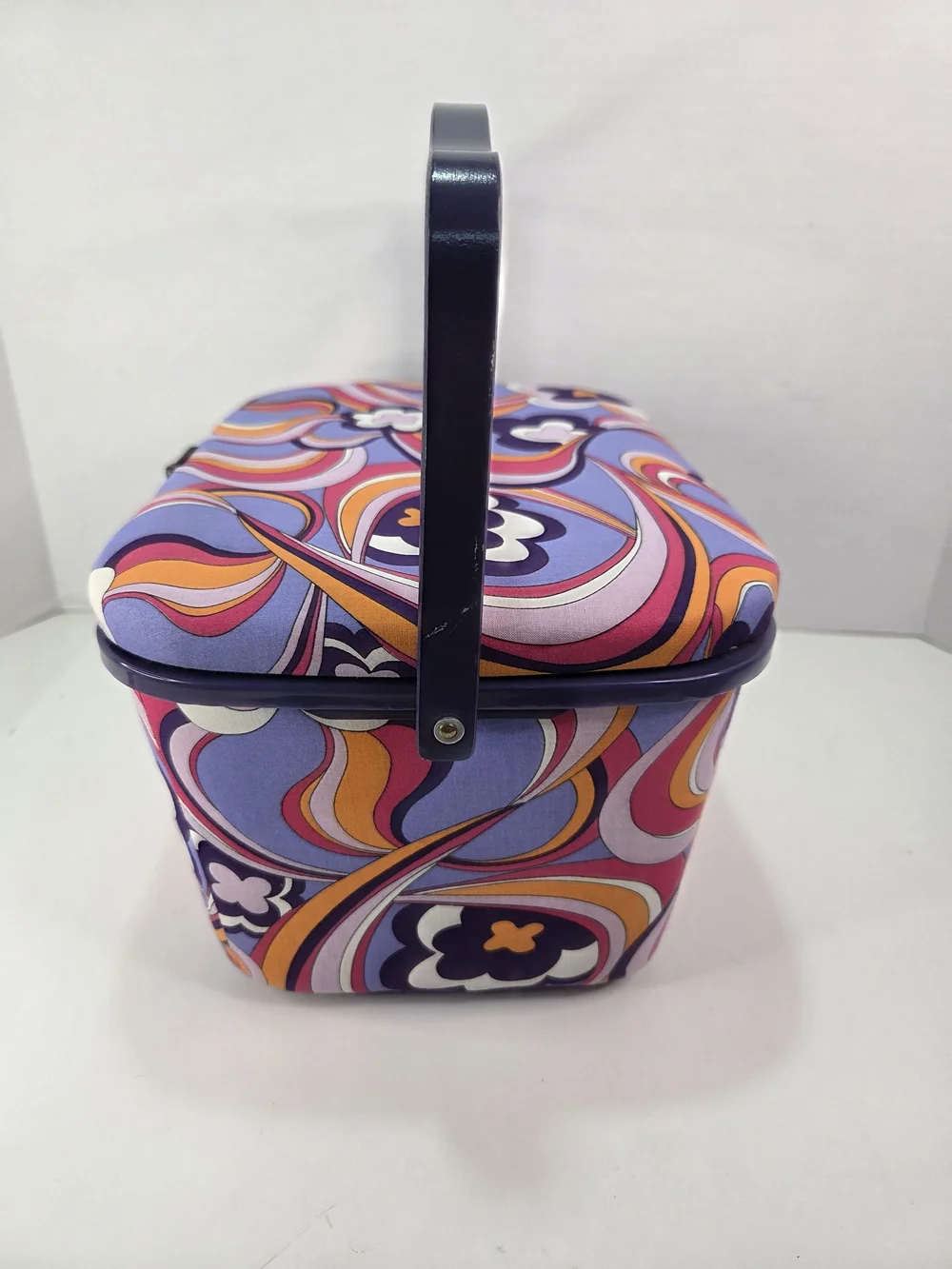 VTG. 1960-70s Peter Max Style Print Sewing Basket Groovy Flower Power Colors